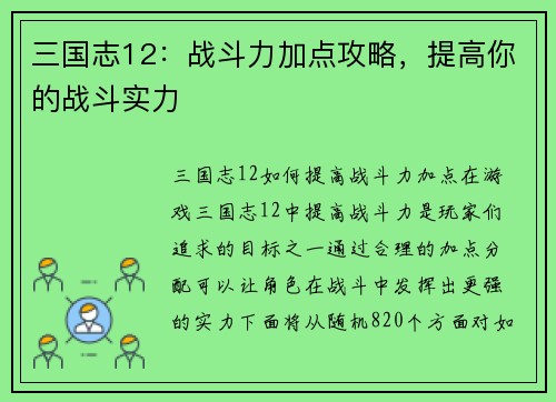 三国志12：战斗力加点攻略，提高你的战斗实力
