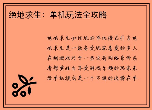 绝地求生：单机玩法全攻略